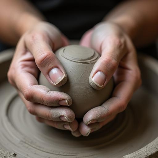 Hender som elter en klump med leire. Leiren er gråbrun og hendene er dekket av leirstøv, med fokus på detaljene i tekstur og bevegelse.